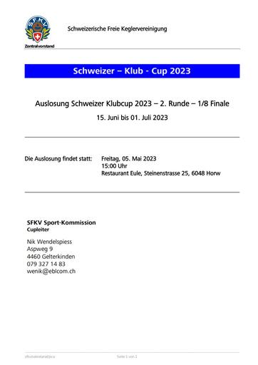 Einladung für Auslosung - 1/8-Final Klubcup 2023