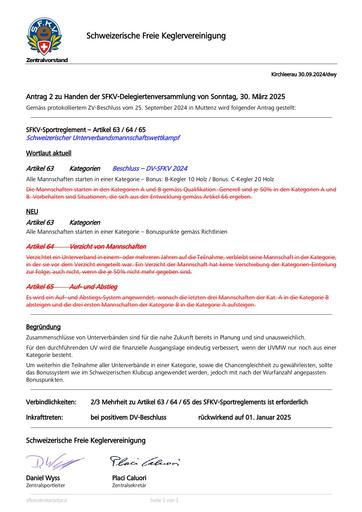Antrag - ZV - Sportreglement Art. 63, 64 und 65