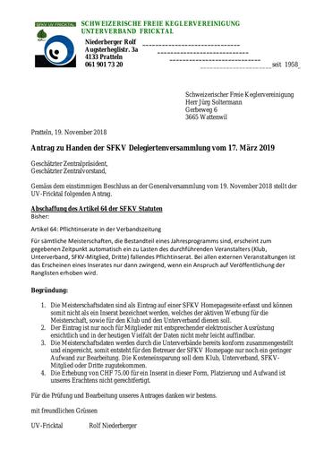 Antrag (Rückstellung) - Fricktal Artikel 64 Statuten