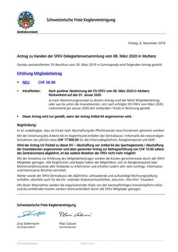Antrag - SFKV zur DV 2020: Beitragserhöhung